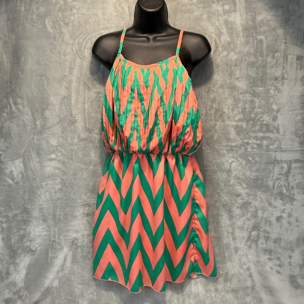 Poema Womens Medium Chevron Mini Dress Coral Green Zig Zag Spaghetti Strap USA